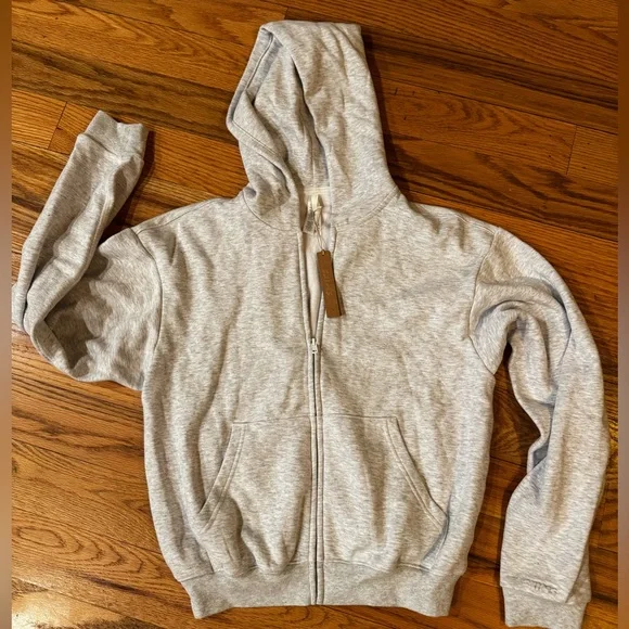 SKIMS Cotton Fleece Classic Zip Hoodie in Light Heather Gray - Picture 3 of 7